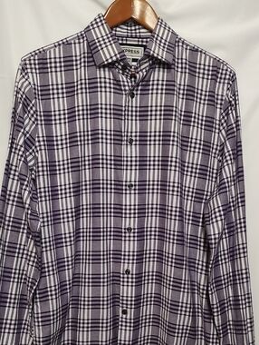 Express Men's Purple and White Plaid Button-Down Shirt